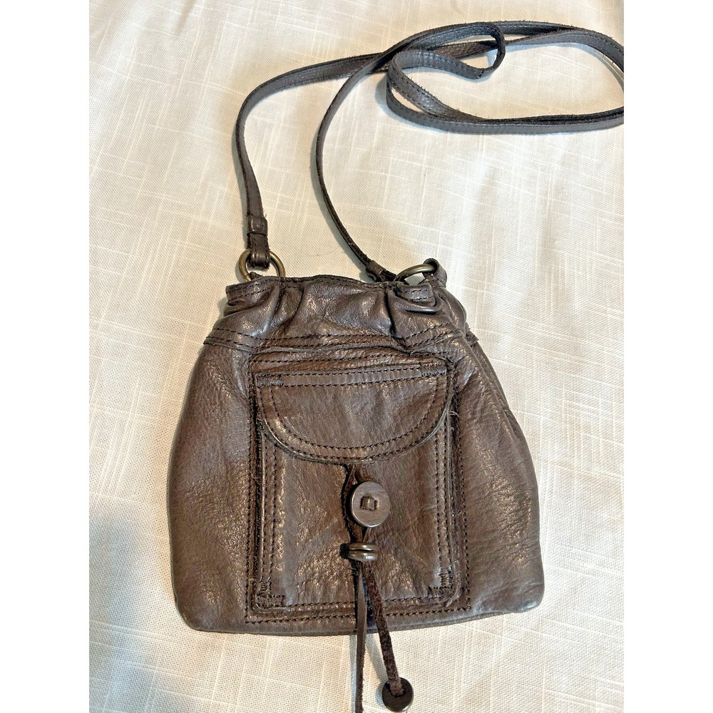 Old Navy Brown Genuine Leather Crossbody Mini Bag 7"Sq Front Pocket Tassel Boho